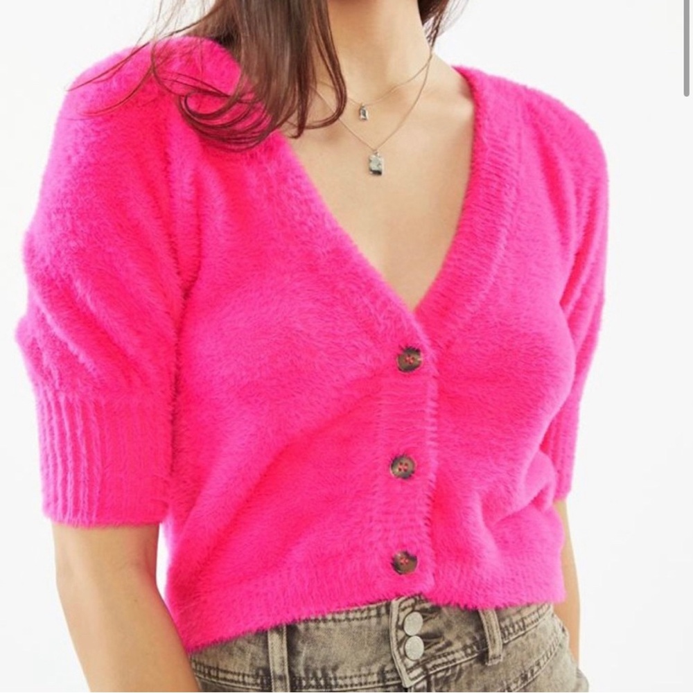 For Love & Lemons Hot Neon Pink Chateau Fuzzy Short Sleeve Cardigan Size Small